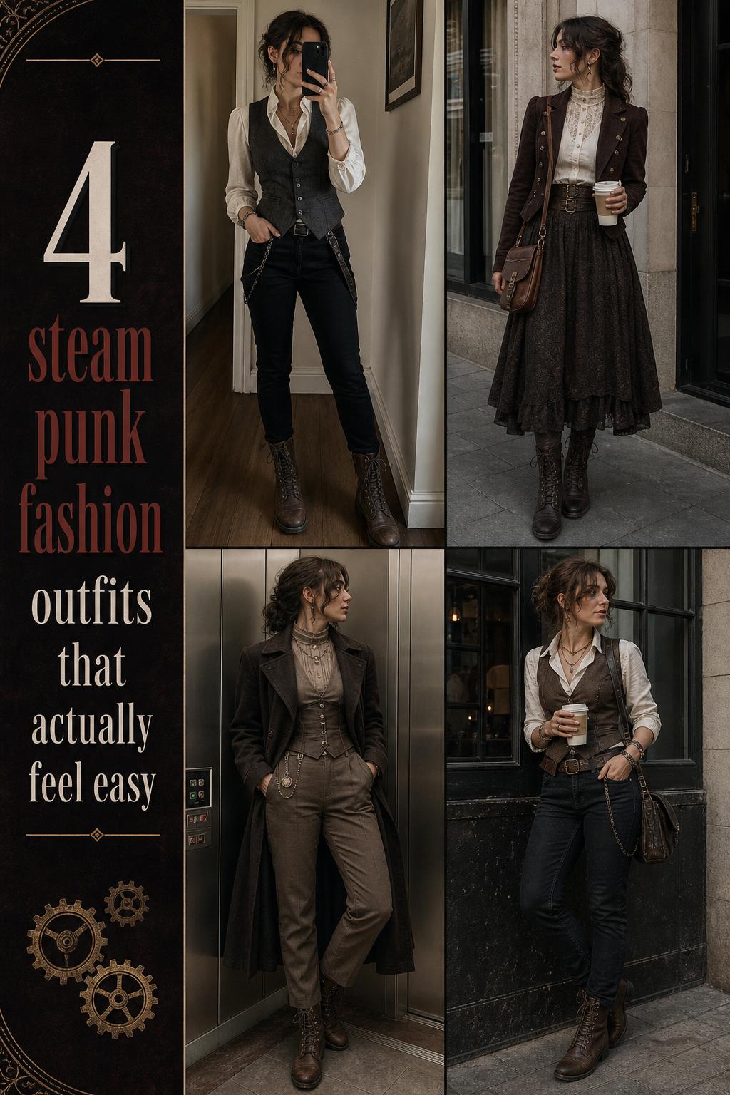Steam punk fashion outfit grid showing 4 wearable everyday looks with layered neutrals, waistcoats, midi skirt and lace-up boots
