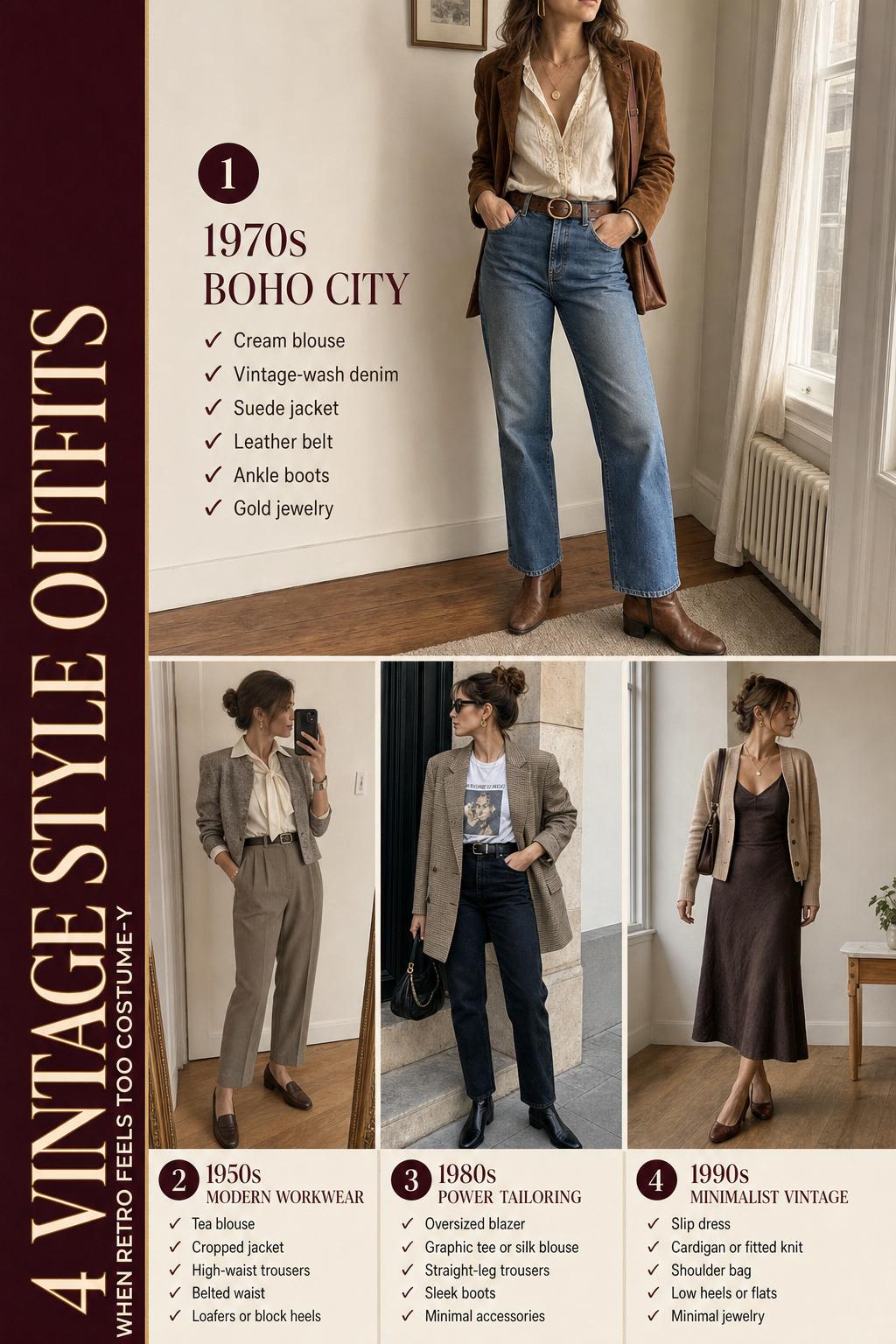 Vintage style outfits guide with 4 looks, Pinterest-style checklist featuring 70s boho, 50s workwear, 80s blazer, 90s slip dress.