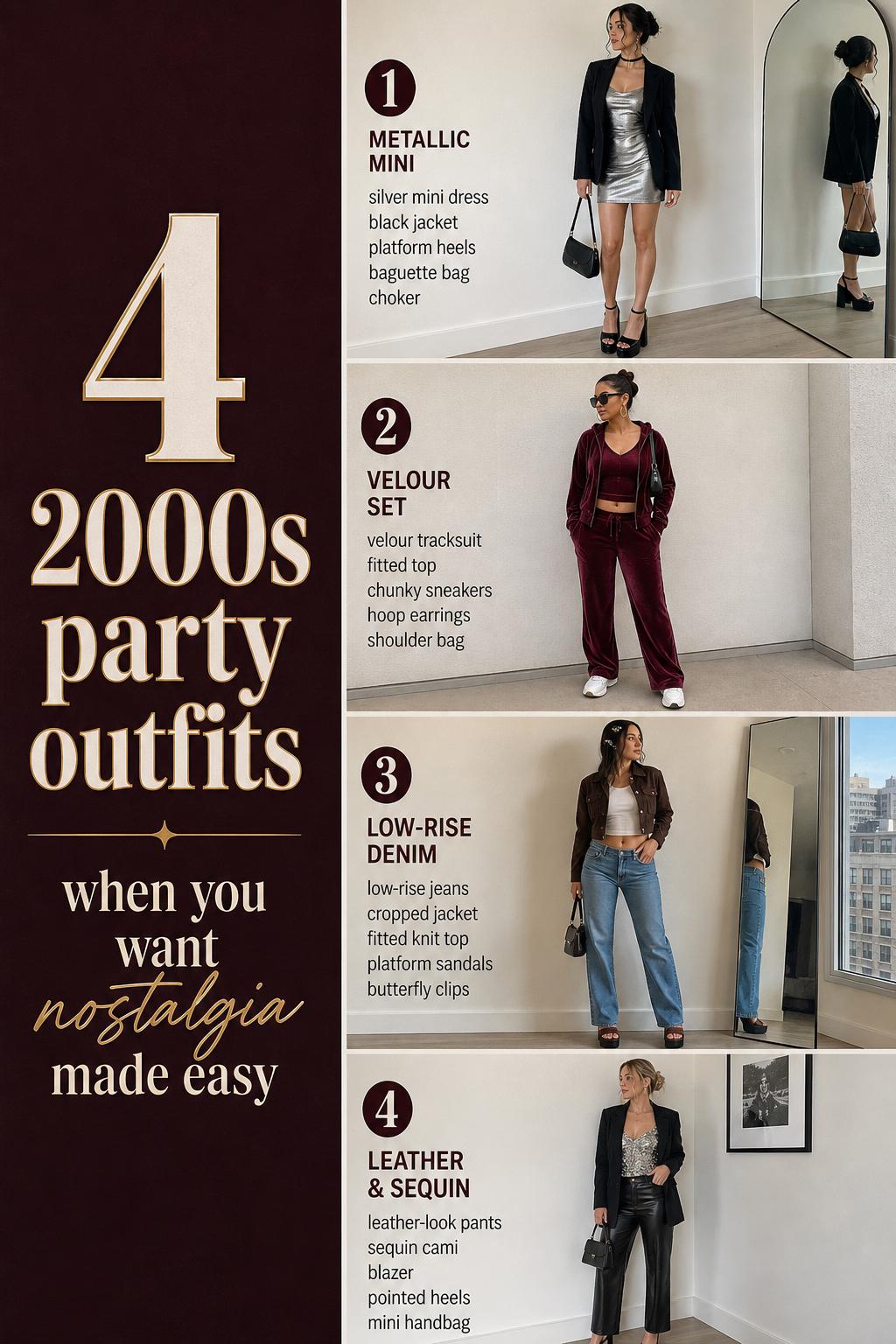 Pinterest-style fashion checklist with 4 wearable 2000s party outfits: metallic mini dress, velour tracksuit, low-rise denim, sequins blazer.