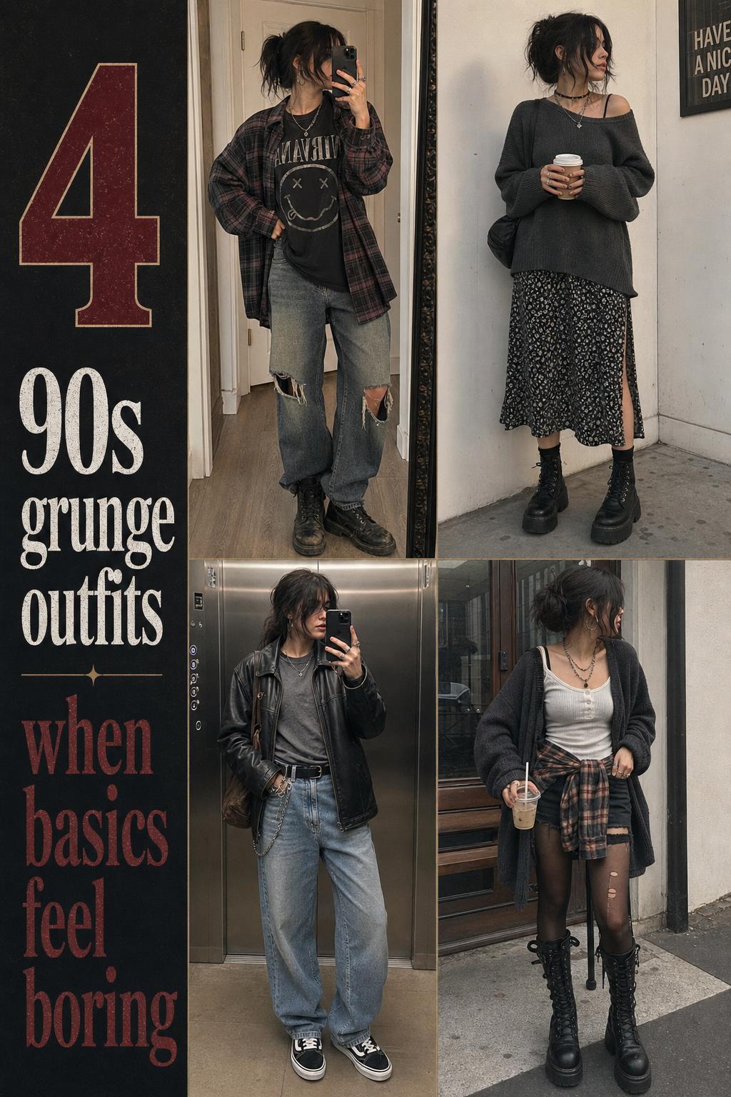90s grunge outfits grid collage with four wearable looks, plaid flannel, leather jacket, slip dress layers, and combat boots