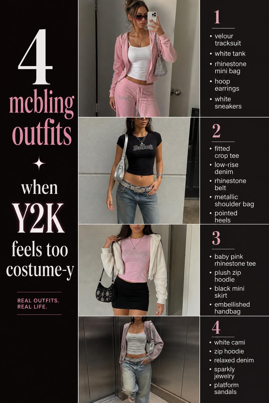 Pinterest-style guide showing 4 wearable mcbling outfits with blush pink velour, denim, rhinestones, and casual street settings