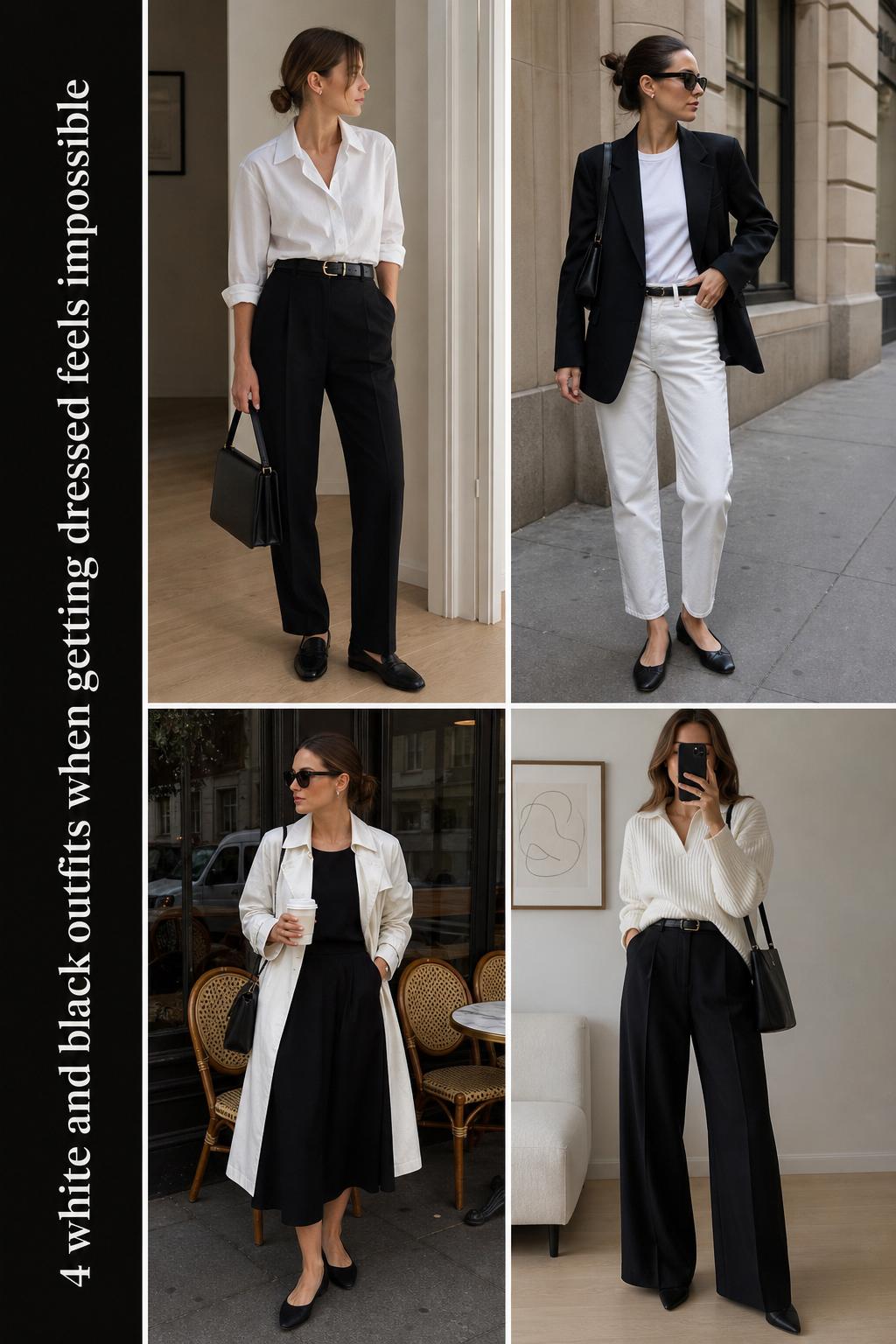 Outfit grid showing 4 white and black outfits for office, street, café and travel day in a minimalist monochrome capsule wardrobe.