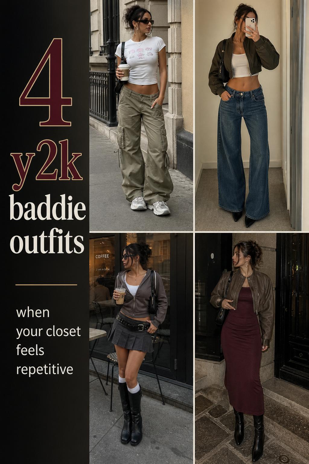 Ultra-realistic outfit grid of 4 y2k baddie outfits in everyday street settings with wearable Y2K styling and text overlay