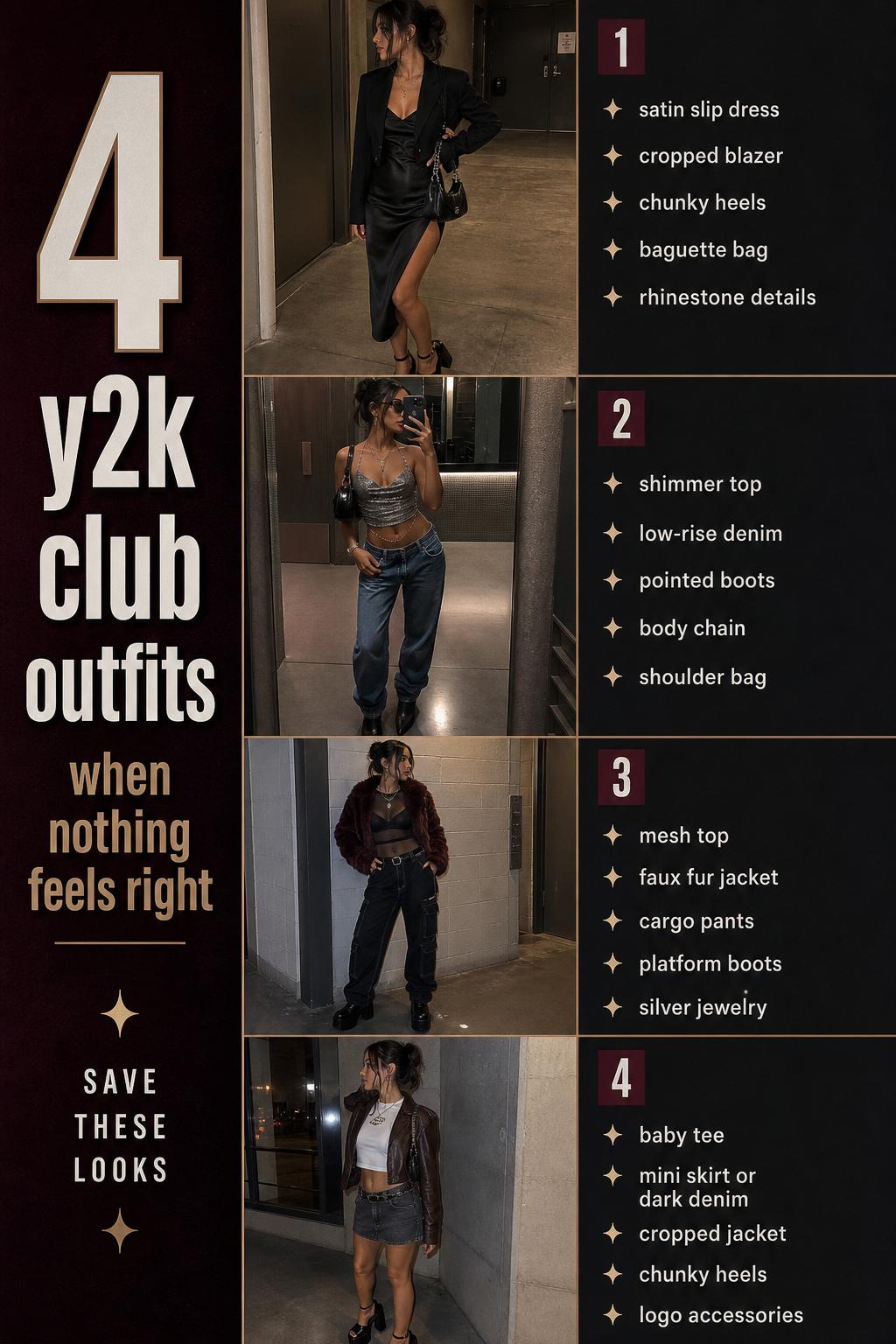 Pinterest-style outfit guide featuring 4 y2k club outfits in a moody urban setting with bold text overlay