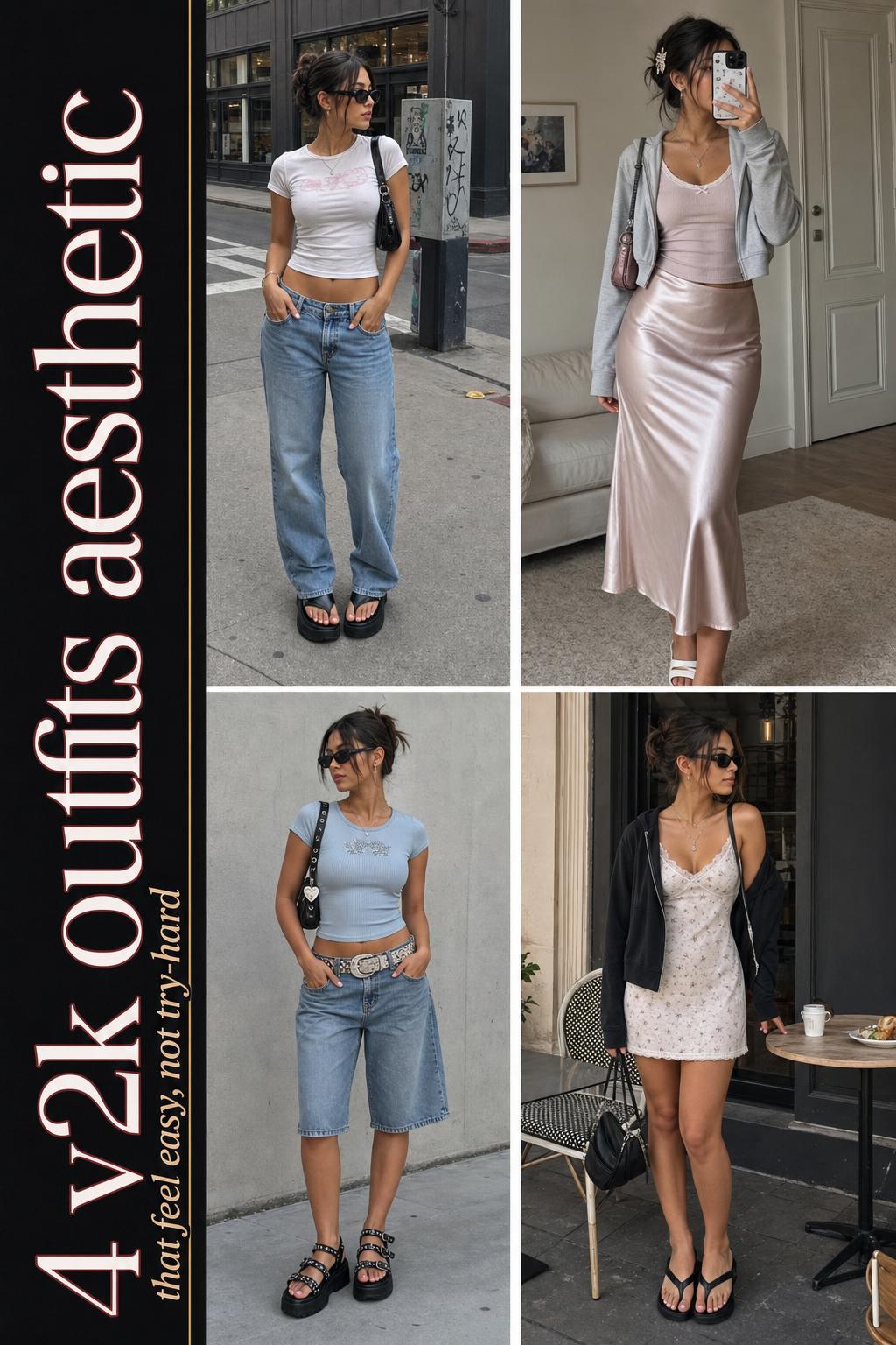 Ultra-realistic Pinterest grid of 4 y2k outfits aesthetic with denim, satin skirt, jorts, and layered slip dress in daylight