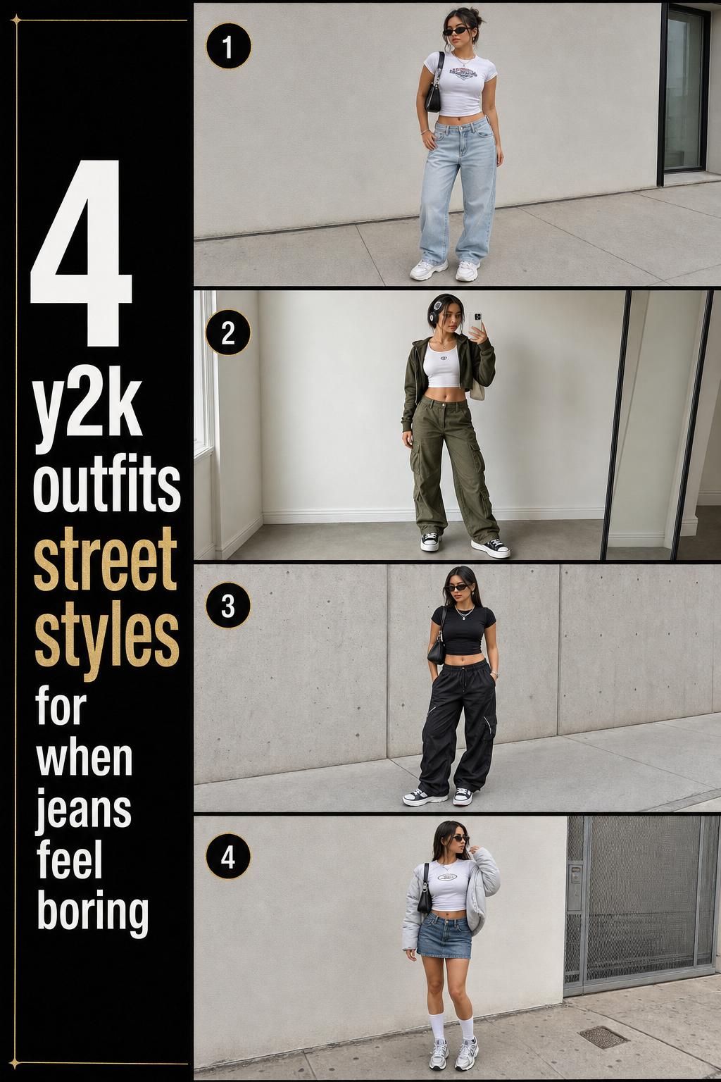Pinterest-style list photo of 4 y2k outfits street styles on a model, featuring jeans, cargos, parachute pants and denim skirt.