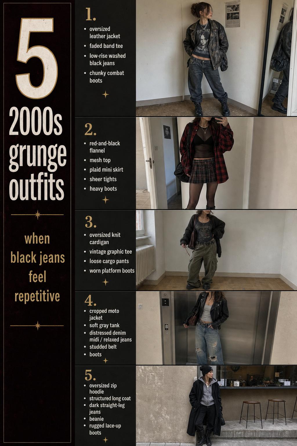 Pinterest-style checklist of 2000s grunge outfits with five wearable layered looks in dark tones and boots