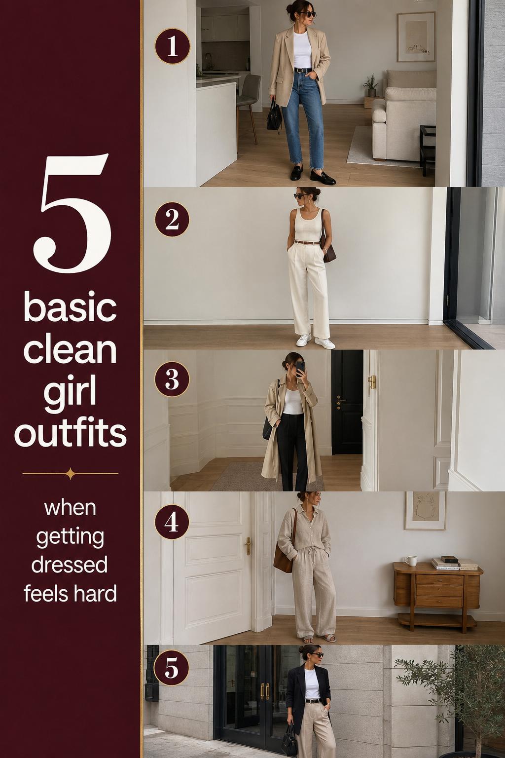 Basic clean girl outfits checklist with five neutral, wearable looks in a stacked Pinterest-style layout and soft daylight.