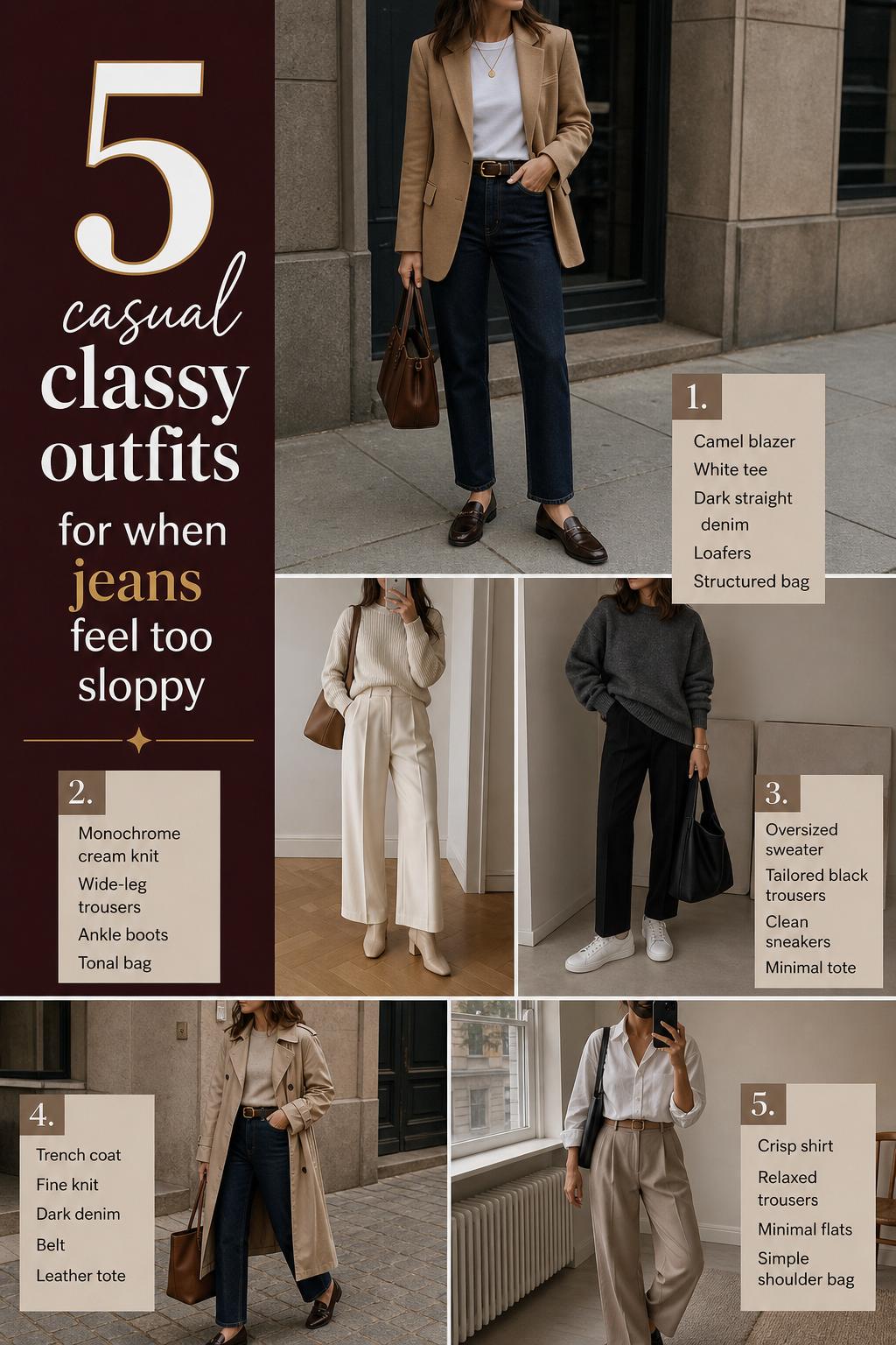 Pinterest-style fashion board of 5 casual classy outfits in neutral tones with blazer, trench, knits, denim, and loafers.