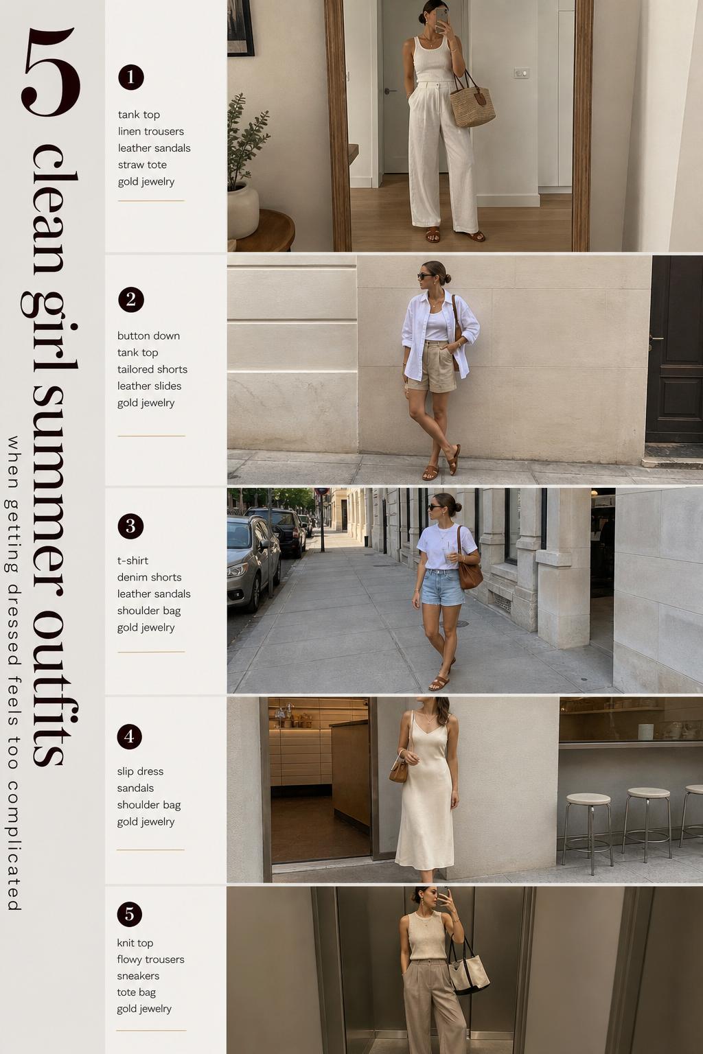 Clean girl summer outfits checklist featuring five minimalist neutral looks with tanks, linen trousers, shorts, slip dress, and sneakers