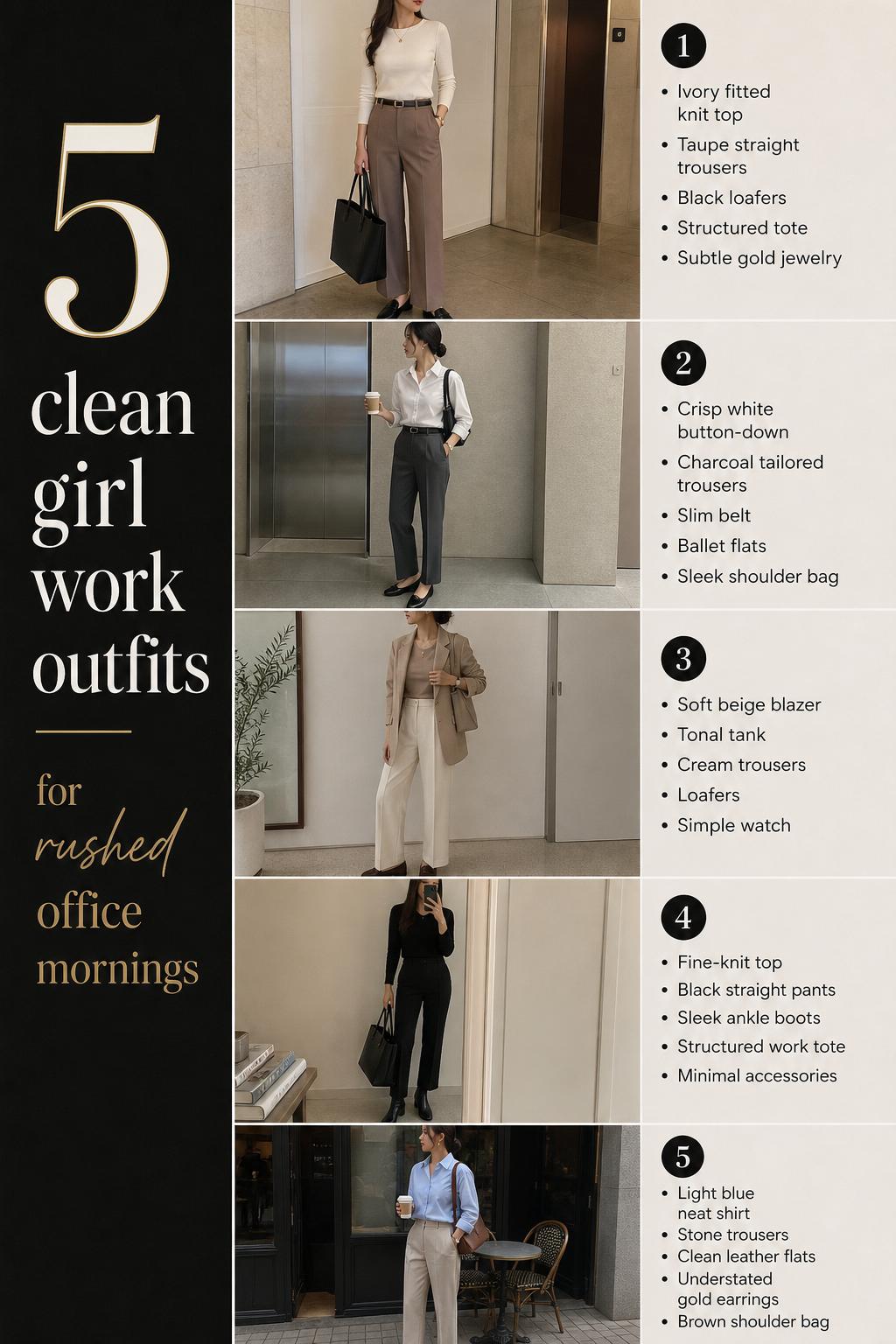 Clean girl work outfits checklist with 5 modern office looks in soft neutrals, loafers, blazers, and crisp shirts