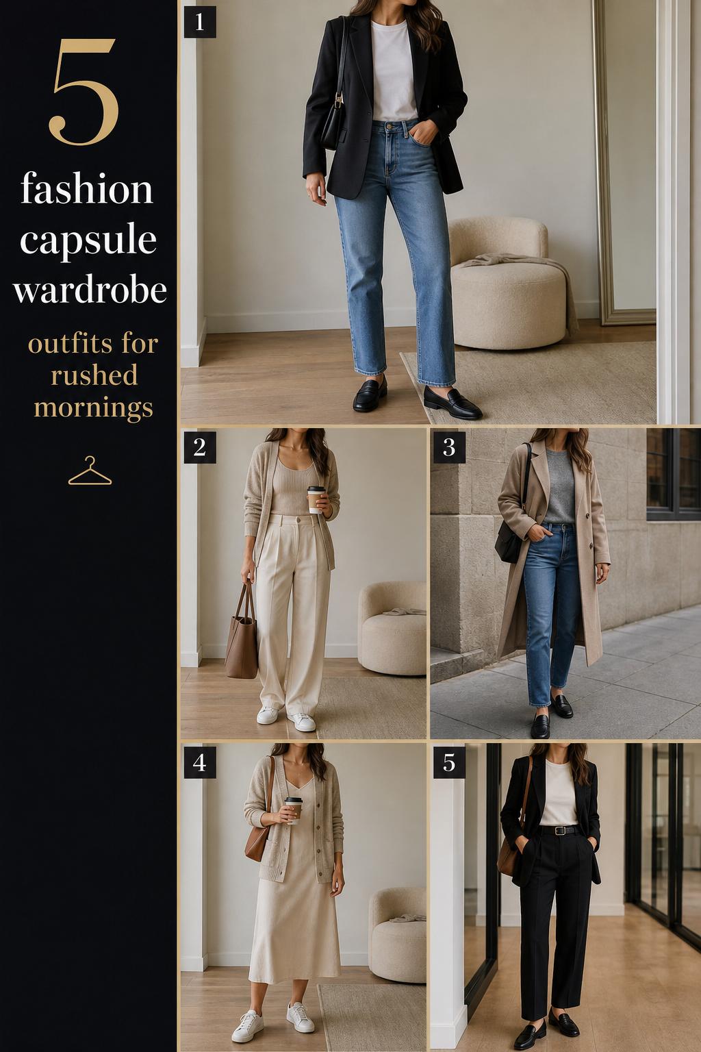 Fashion capsule wardrobe checklist with 5 neutral outfits, featuring blazer, jeans, trousers, midi dress and loafers in soft daylight.
