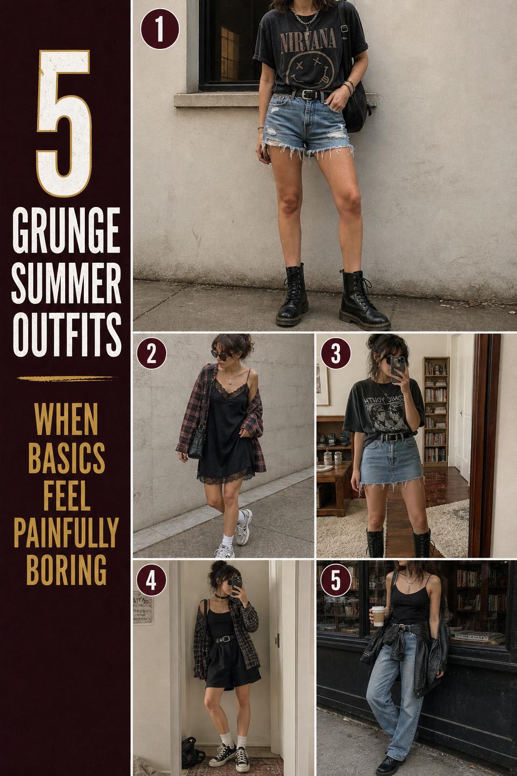 Grunge summer outfits checklist with 5 wearable 90s-inspired looks in muted tones, styled on women in casual street settings
