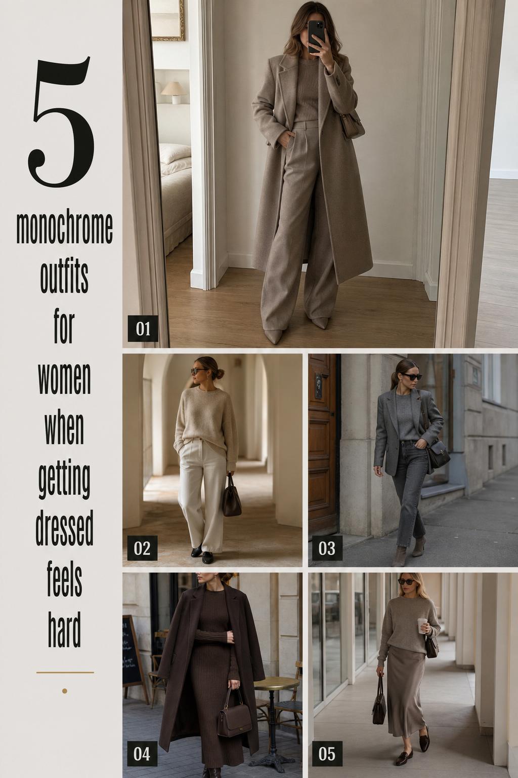 Pinterest-style outfit guide showing 5 monochrome outfits for women in neutral tones with coats, knits, trousers, and boots