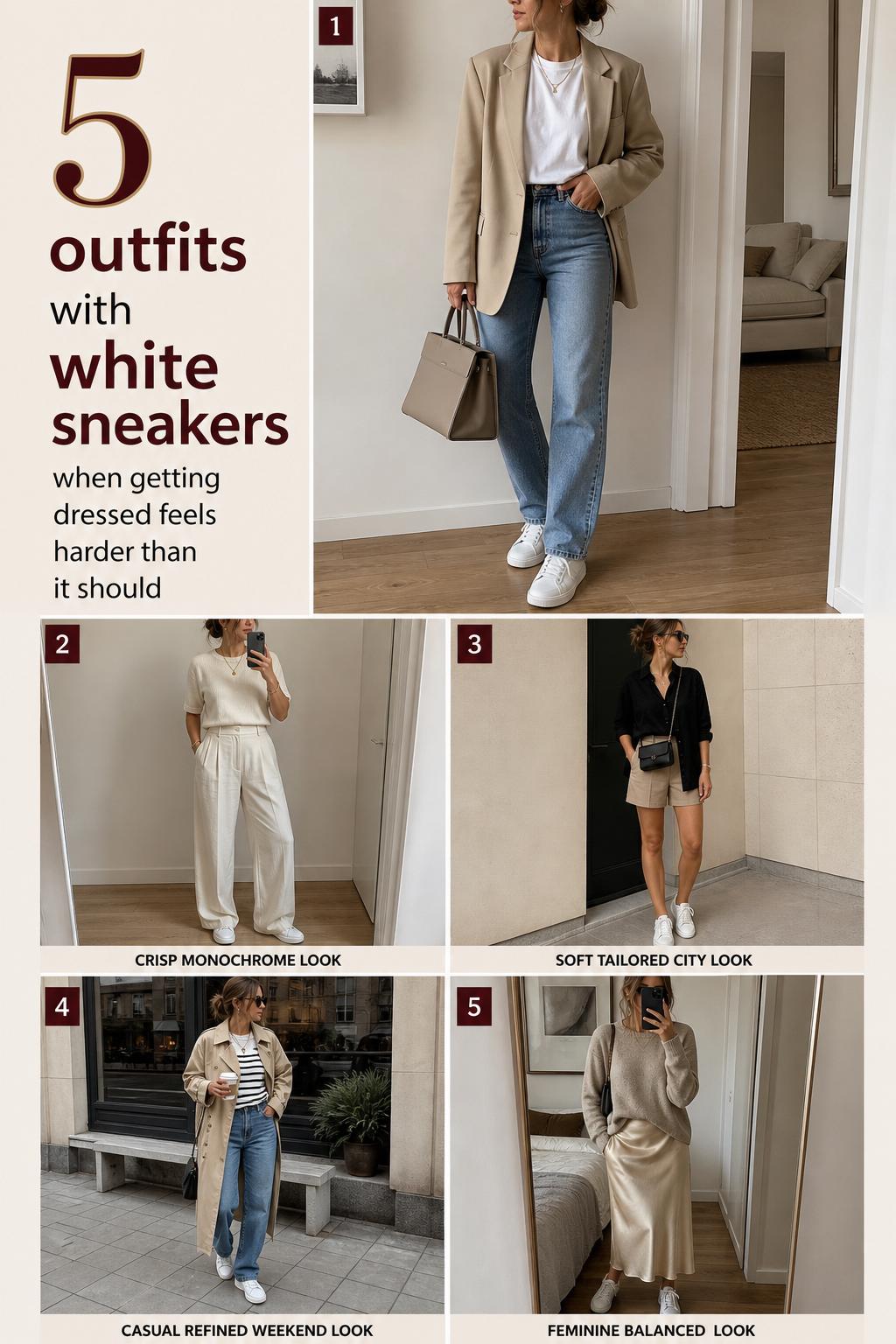 Pinterest-style fashion board showing 5 outfits with white sneakers in neutral tones, featuring blazer, trench, and satin skirt looks.