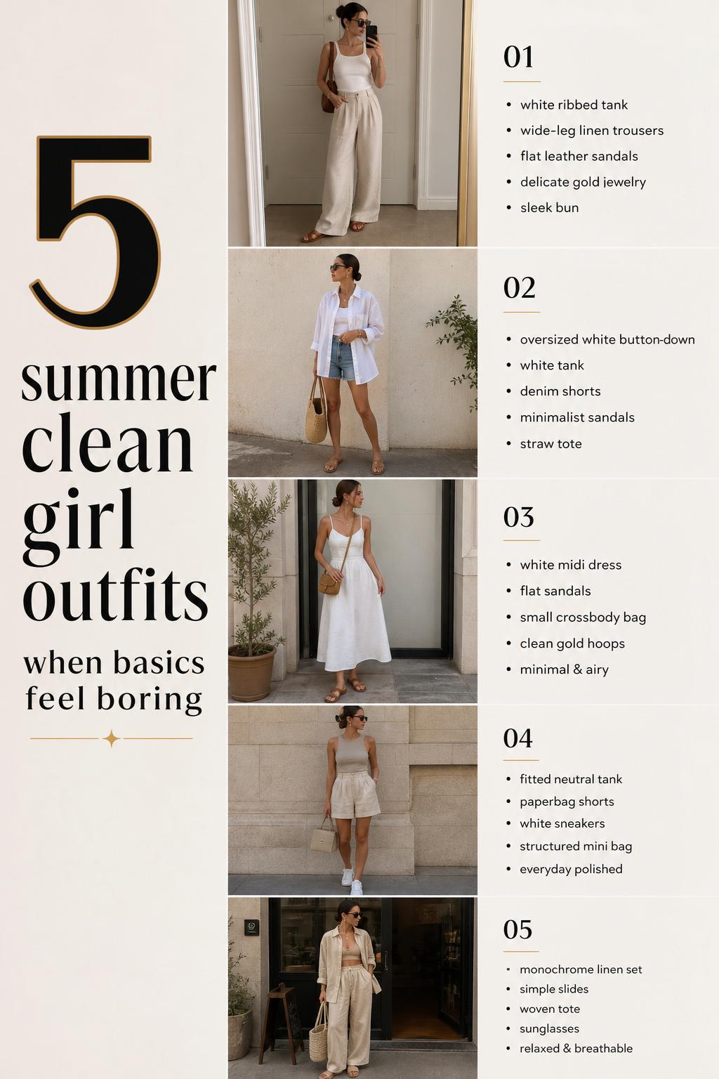 Pinterest-style summer clean girl outfits board with 5 neutral looks in linen, denim, and dresses for easy warm-weather styling.