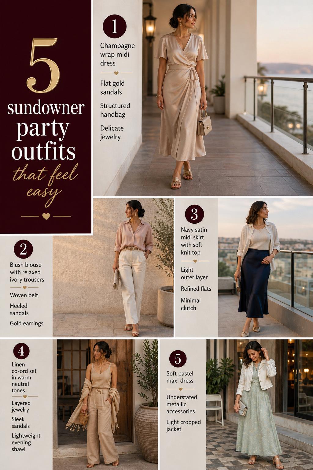 Pinterest-style fashion checklist showing 5 sundowner party outfits with elegant golden-hour looks and text overlay