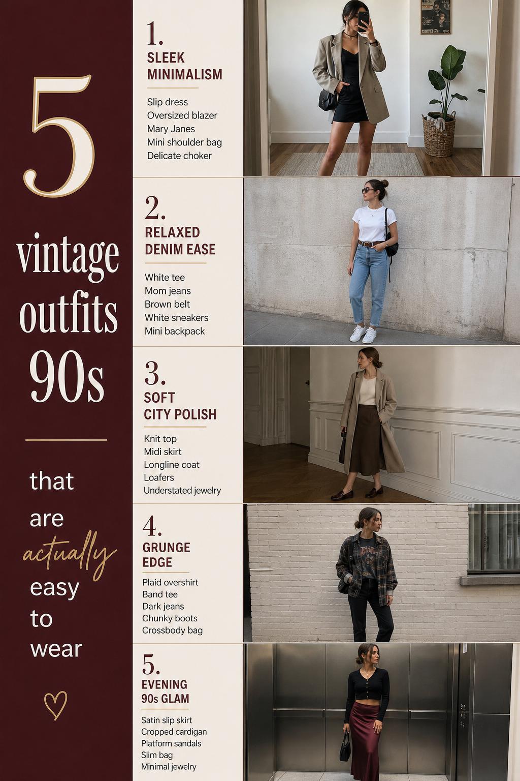 Vintage outfits 90s checklist showing five wearable looks in a clean Pinterest-style fashion guide with realistic street settings