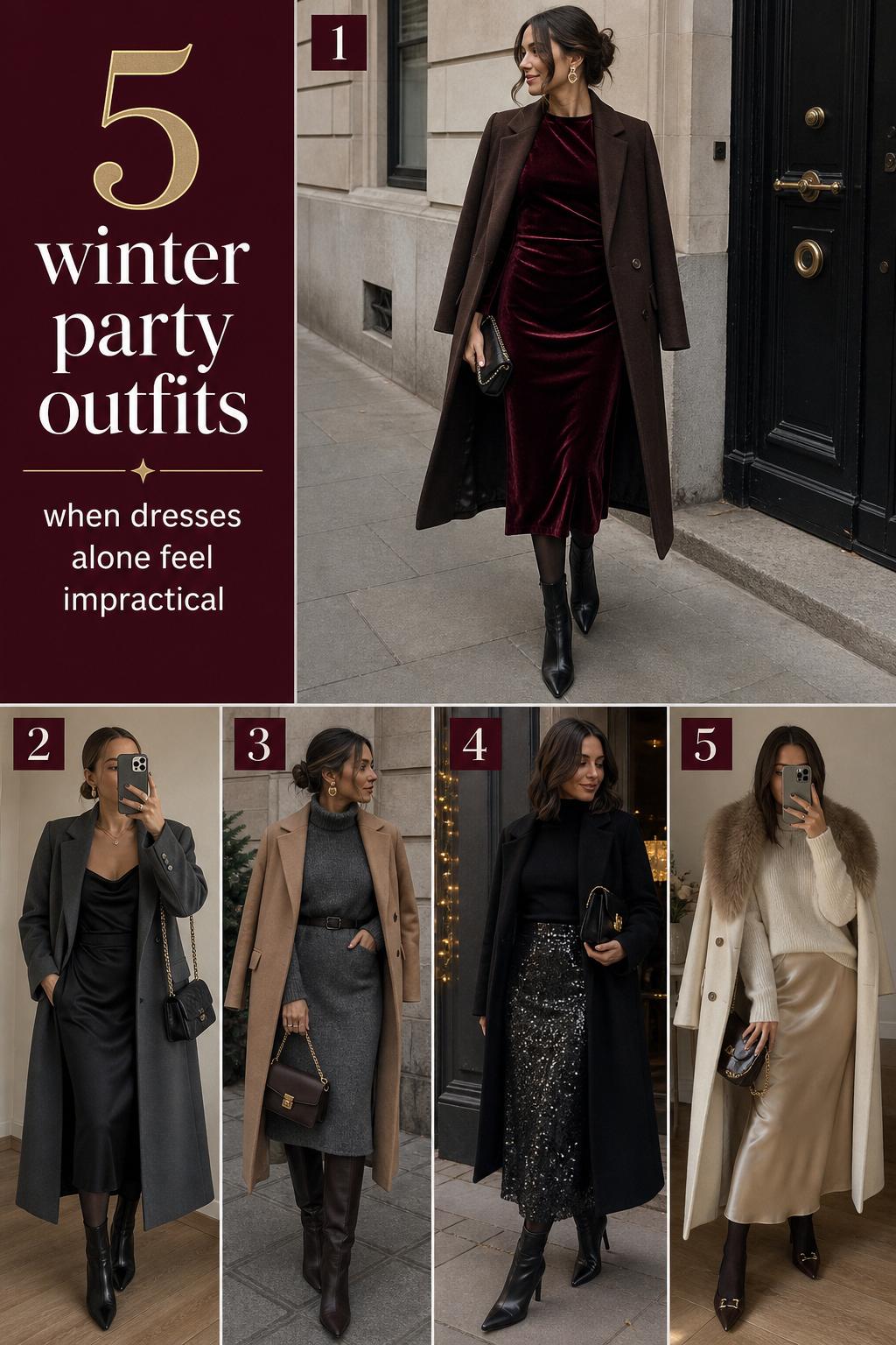 Winter party outfits guide with 5 cozy elevated looks: velvet dress, satin slip, knit dress, sequin skirt, sweater and satin.