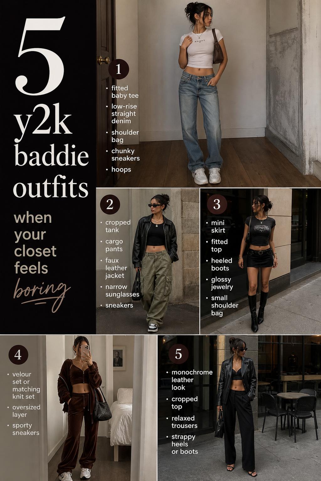 Pinterest-style guide featuring 5 y2k baddie outfits in a clean outfit board with neutral tones, denim, cargos, and faux leather