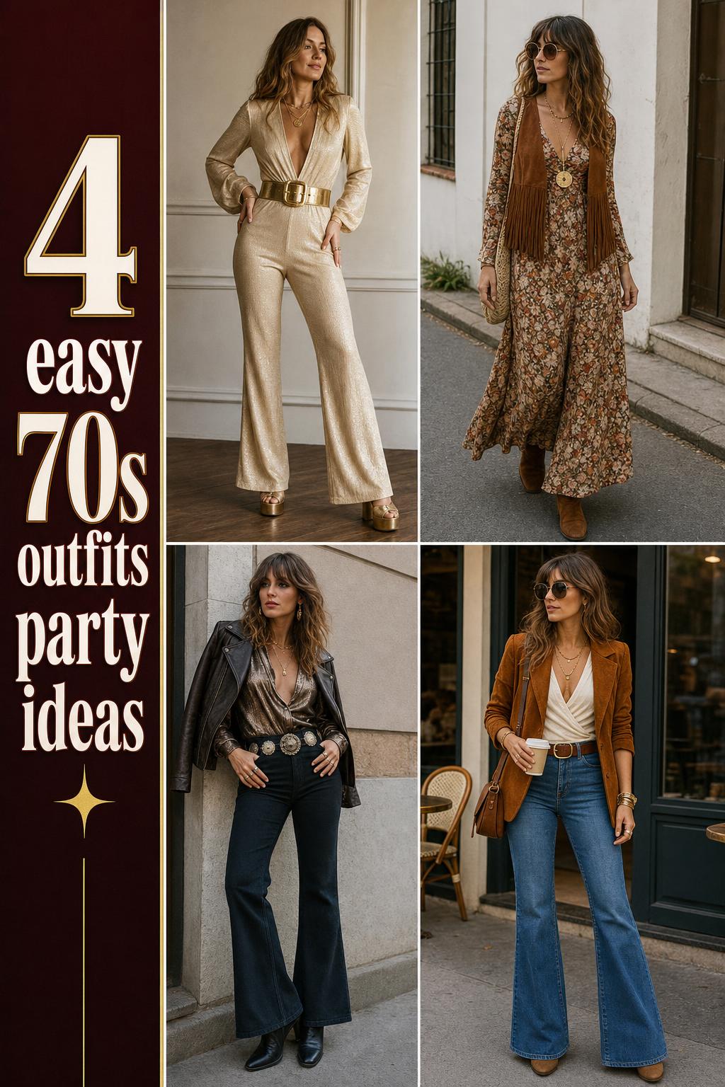70s outfits party outfit grid with four wearable 1970s-inspired looks in realistic street, apartment, mirror, and cafe settings