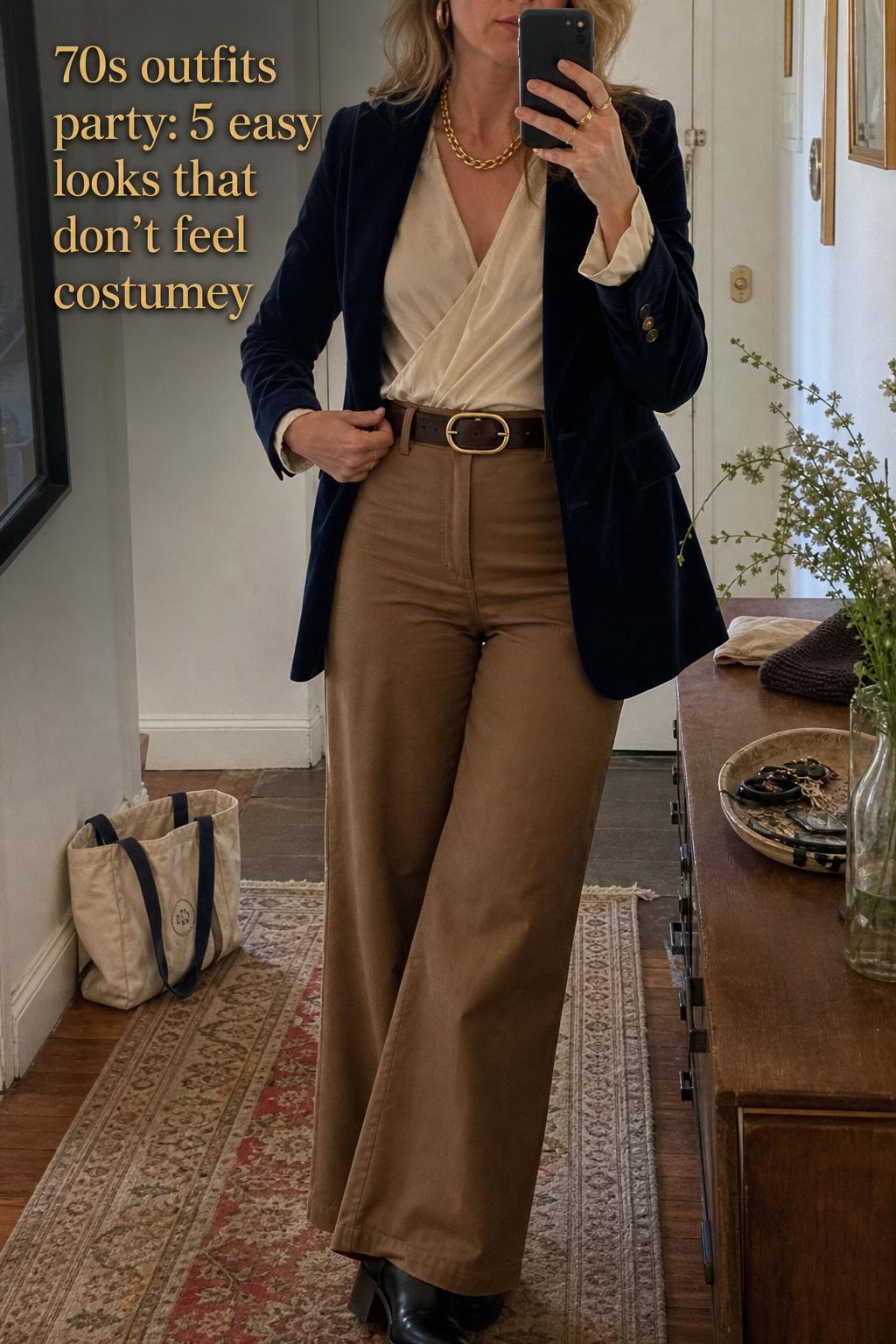 70s outfits party mirror selfie in an apartment hallway with disco-inspired wide-leg trousers, wrap blouse, jacket and platforms