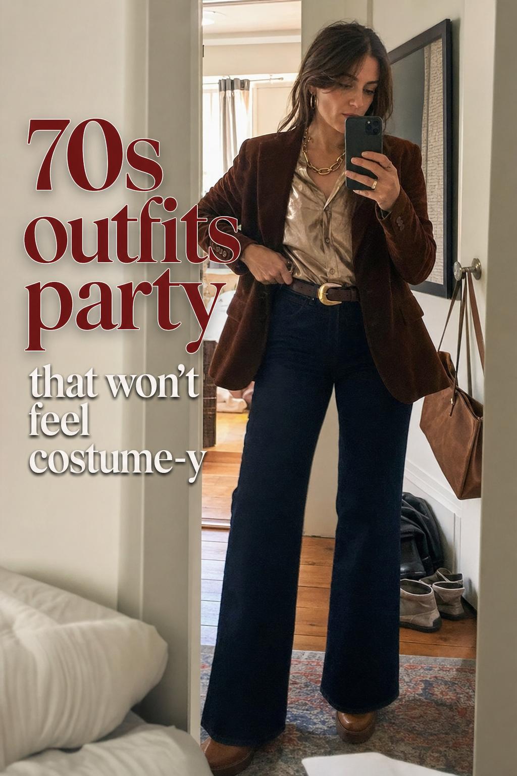 70s outfits party mirror selfie in a lived-in apartment hallway, woman styling flared pants and satin blouse with jacket