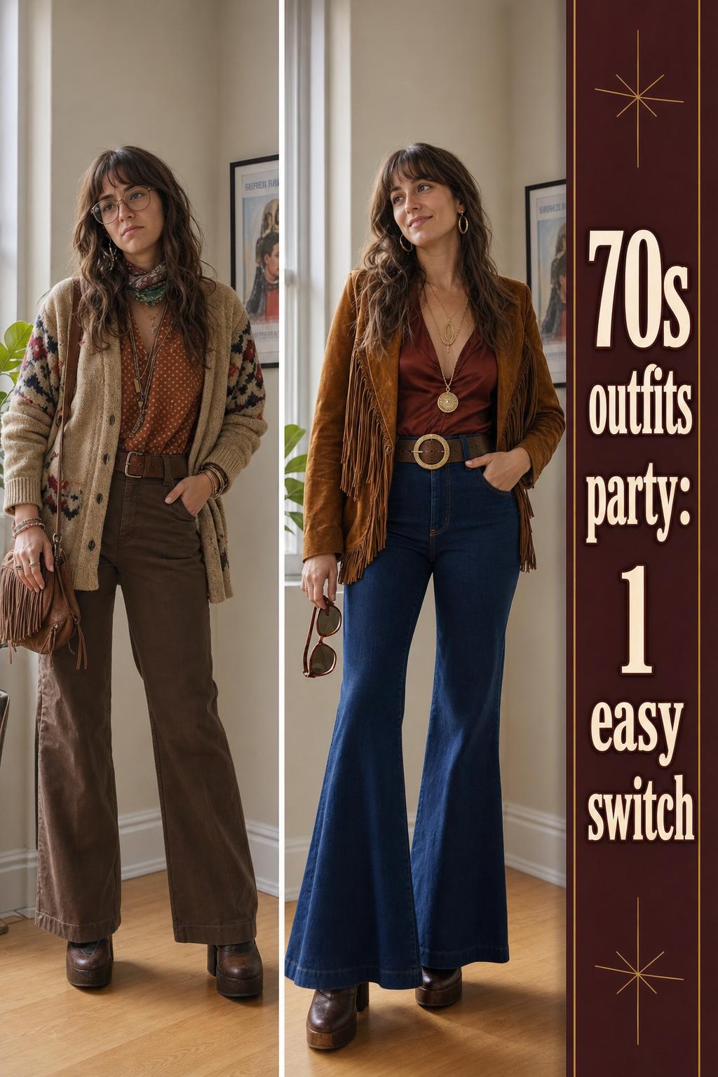 Group of friends wearing 70s outfits at a party with disco vibes, colorful prints, and retro accessories