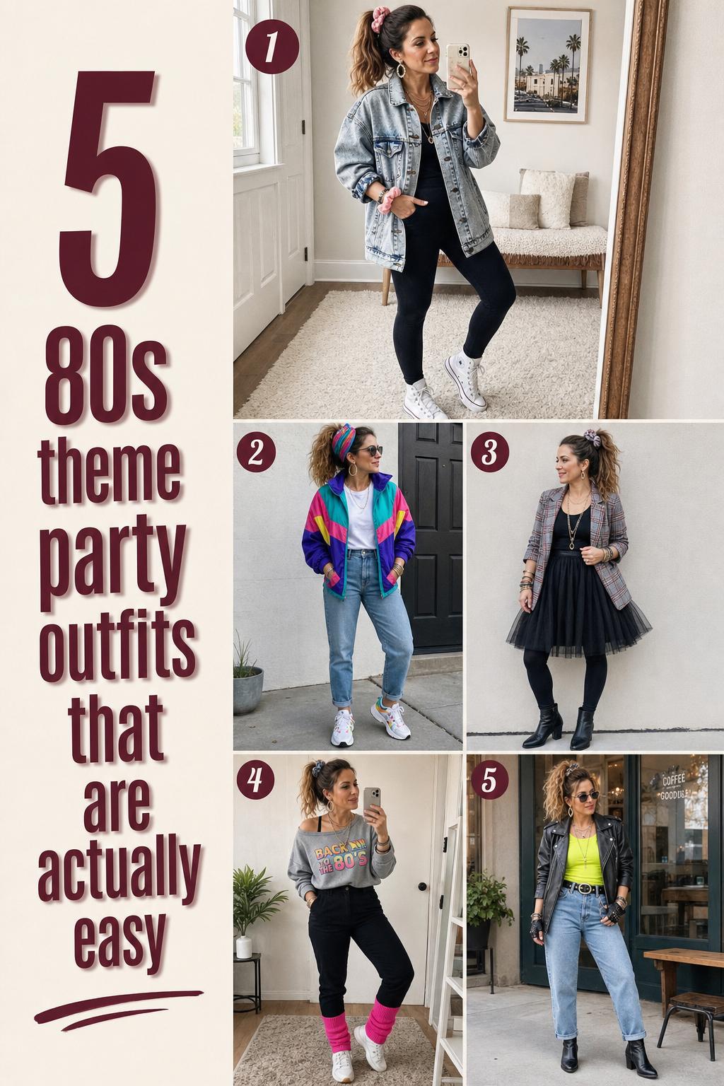 80s theme party outfits checklist with five easy wearable looks, denim jacket, windbreaker, plaid blazer, retro sweatshirt, neon leather