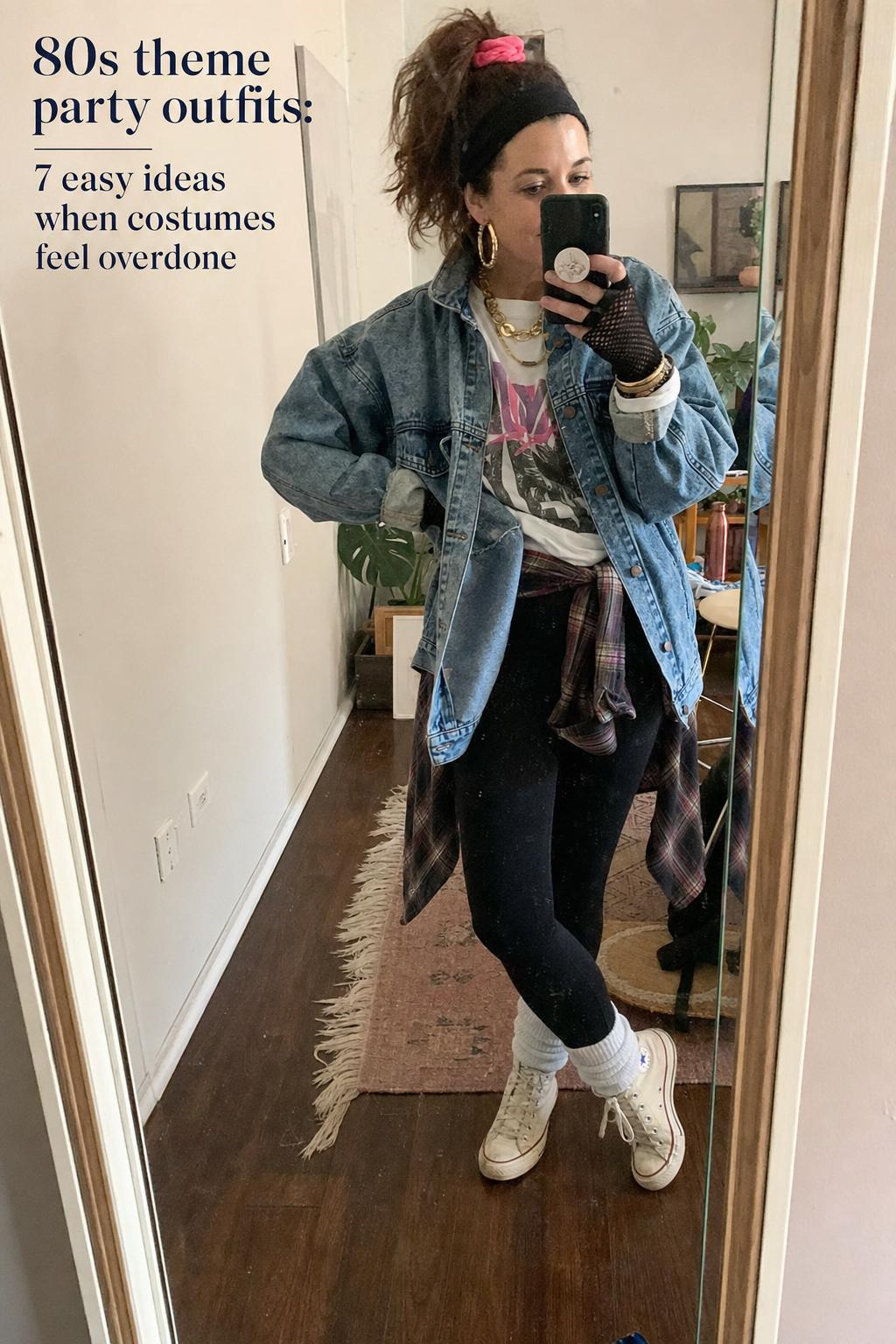 80s theme party outfits in a candid mirror selfie, featuring an acid-wash denim jacket, leggings, leg warmers, and high-tops