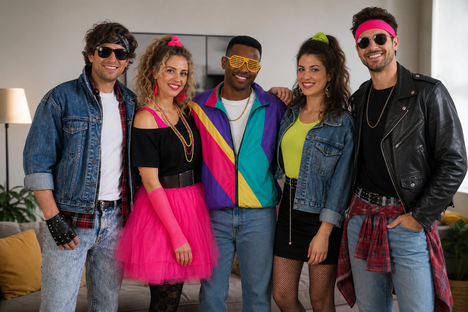 80s theme party outfits with neon leggings, acid-wash denim jacket, scrunchie, and chunky jewelry in a fun party setting