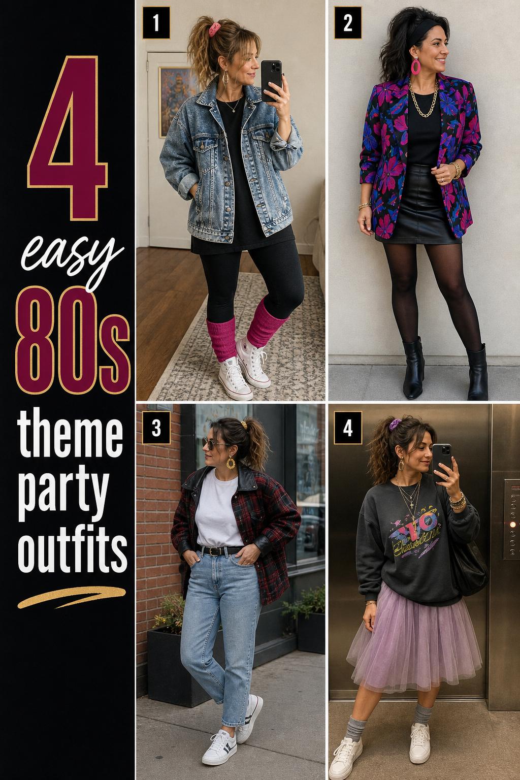 80s theme party outfits collage with four wearable retro looks in a clean Pinterest-style outfit grid