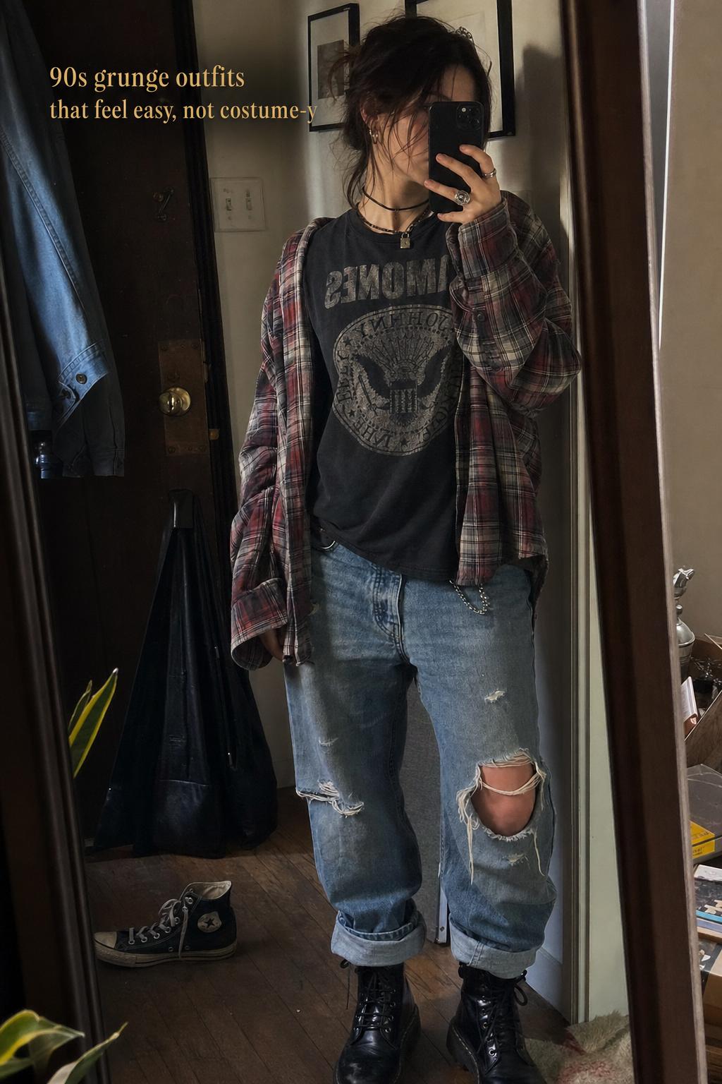 90s grunge outfits mirror selfie in a lived-in apartment hallway, flannel over band tee with distressed denim and combat boots