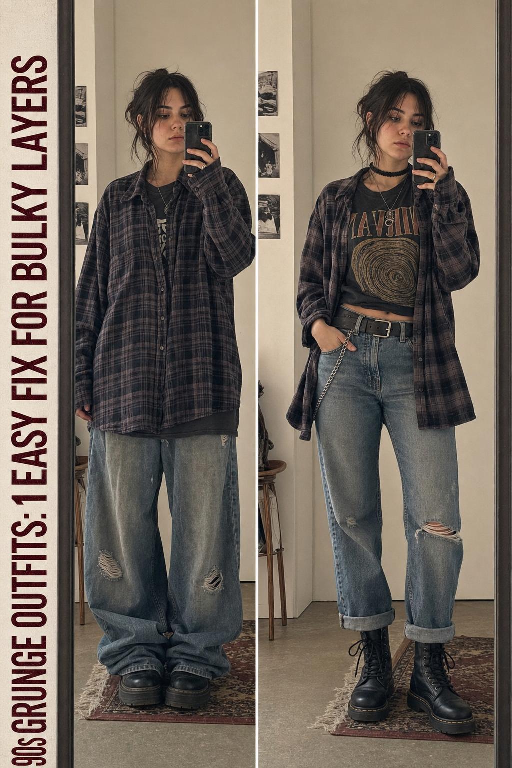 90s grunge outfits featuring layered flannel shirts, ripped jeans, combat boots, and band tees in a moody street style scene.