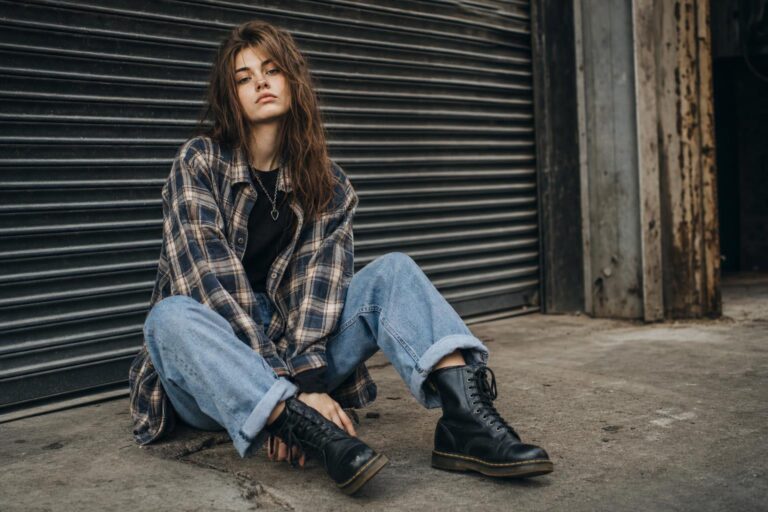 90s grunge outfits with plaid flannel, band tee, ripped jeans, and combat boots in a raw lived-in street style
