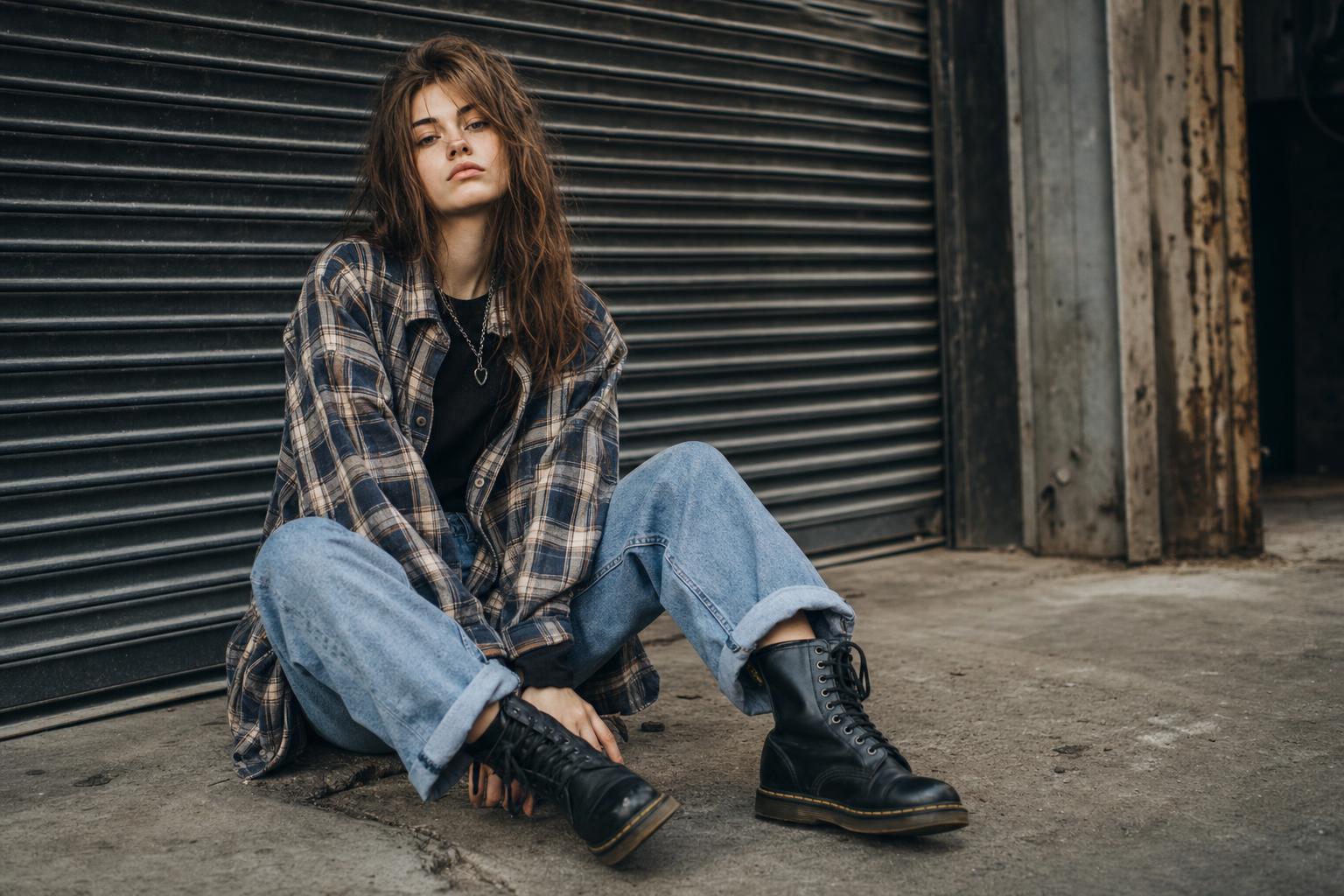 90s grunge outfits with plaid flannel, band tee, ripped jeans, and combat boots in a raw lived-in street style