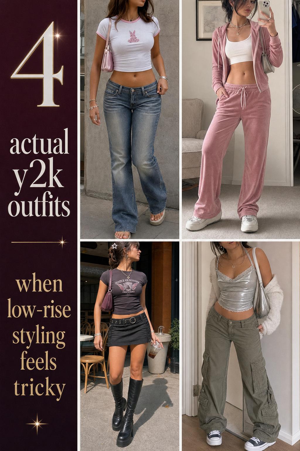Actual y2k outfits grid with 4 wearable 2026 looks featuring low-rise jeans, velour tracksuit, mini skirt, and cargos