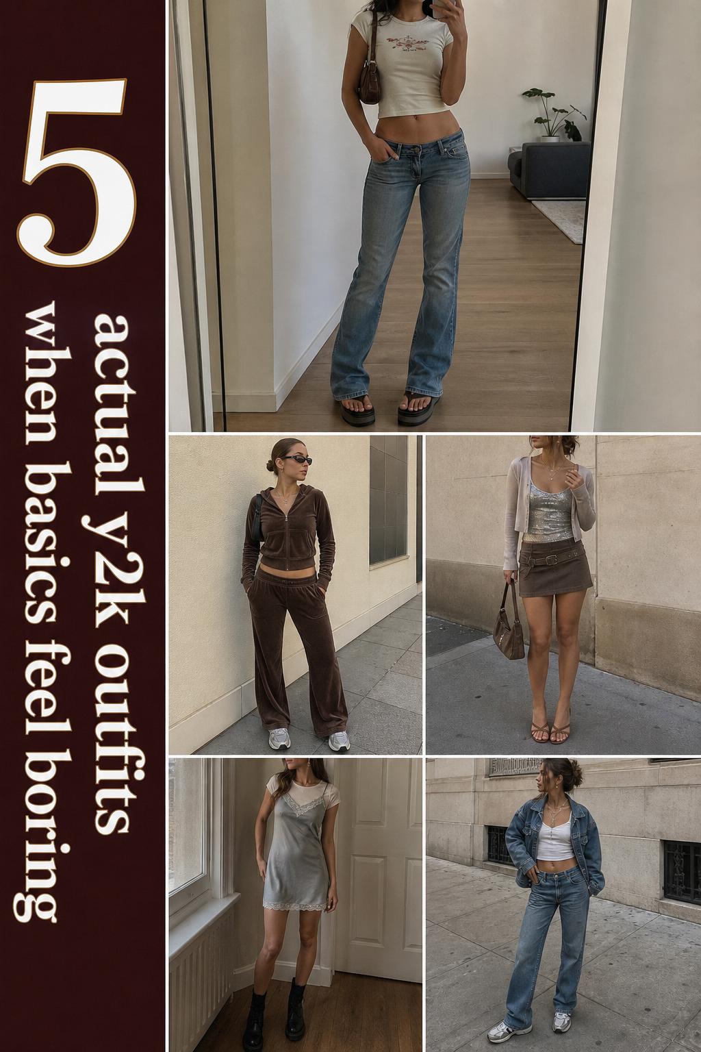 Actual Y2K outfits guide with five wearable looks in a clean Pinterest-style checklist, muted denim and neutral palette