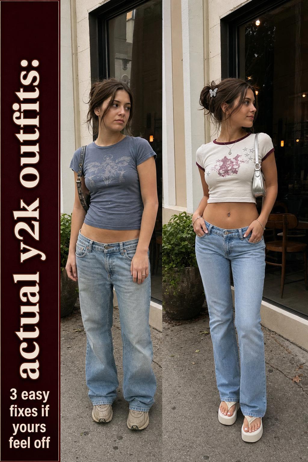 Street-style photo of actual y2k outfits with low-rise jeans, baby tee, and chunky sneakers in an urban setting.
