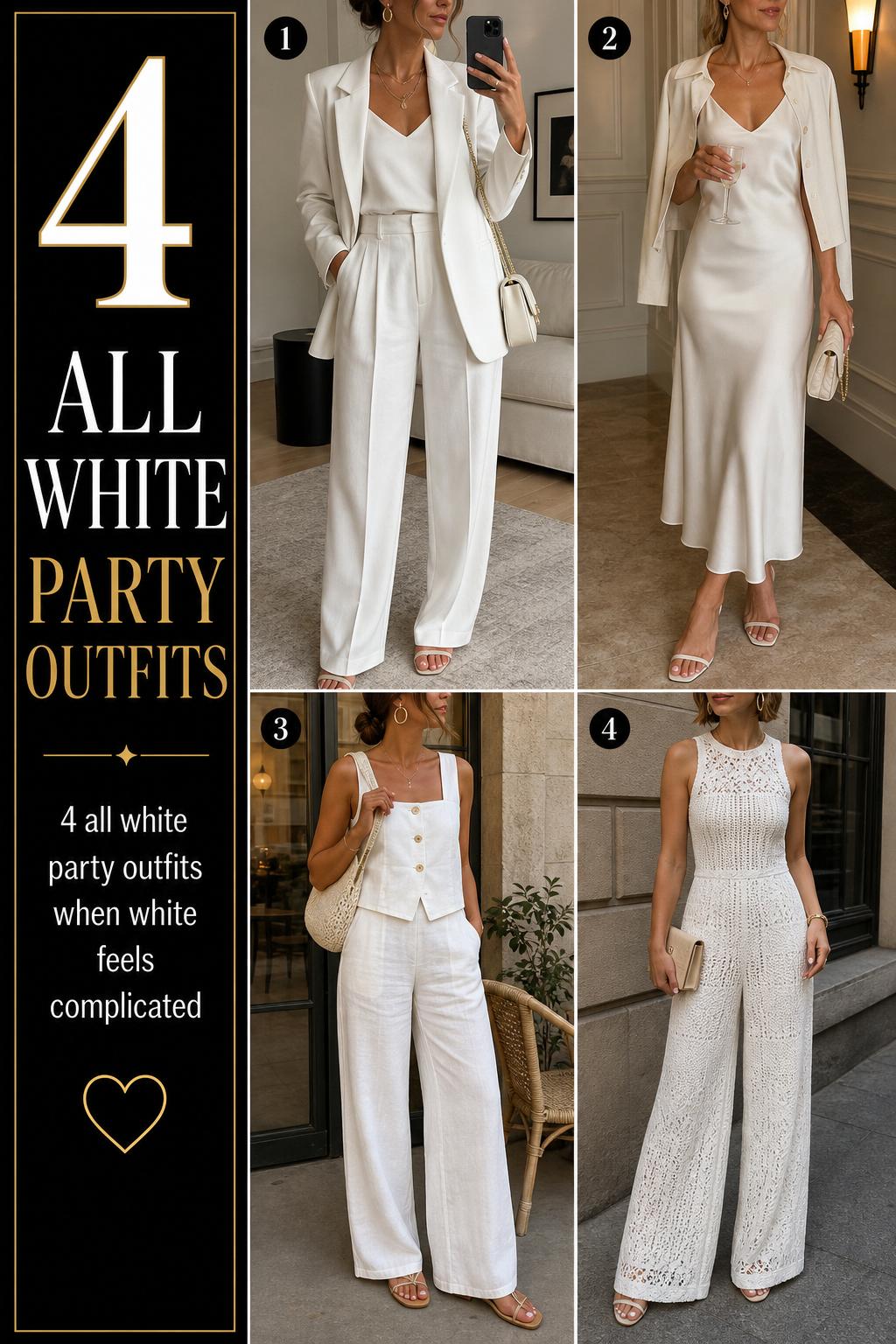 All white party outfits collage with four wearable looks in tailored blazer, satin midi, linen set, and textured jumpsuit.
