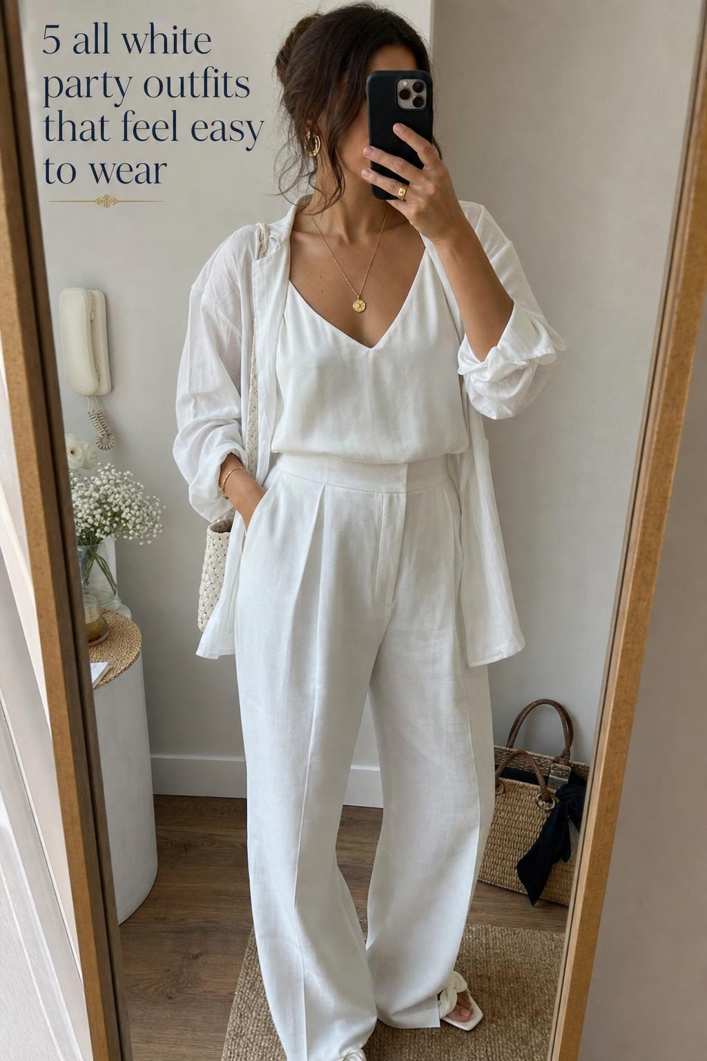 Adult woman in an all white party outfits look taking a candid mirror selfie in a hallway with soft natural light