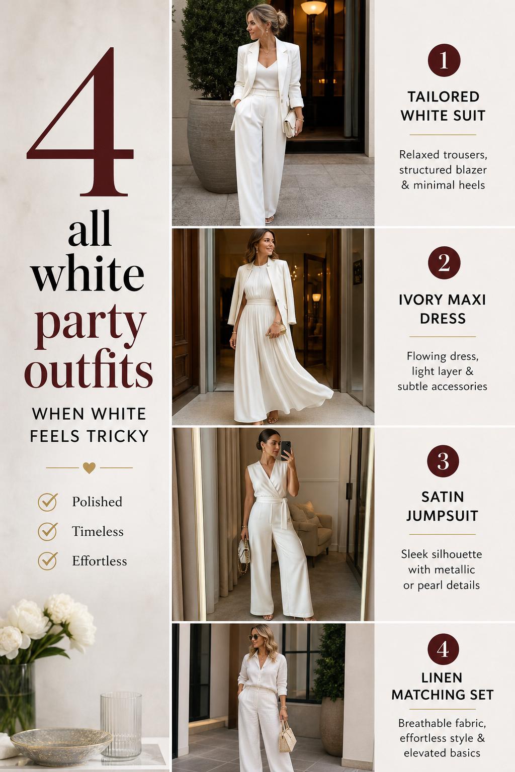 All white party outfits checklist with 4 polished looks: blazer trousers, ivory maxi dress, white jumpsuit, and linen set