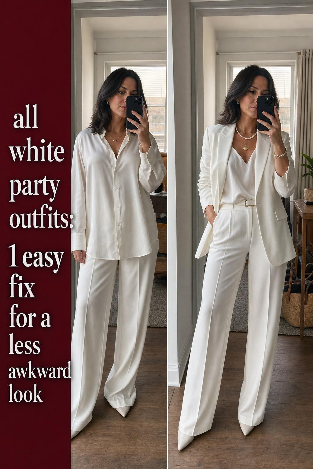All white party outfits styled on a chic group of friends at an elegant night event, photographed in natural light.