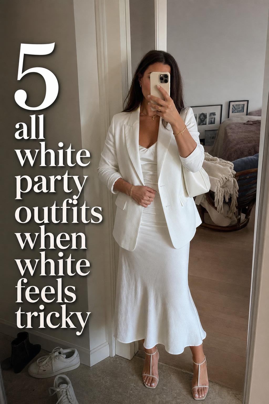 Mirror selfie of a woman in an elegant modest all white party outfits look in a lived-in apartment hallway