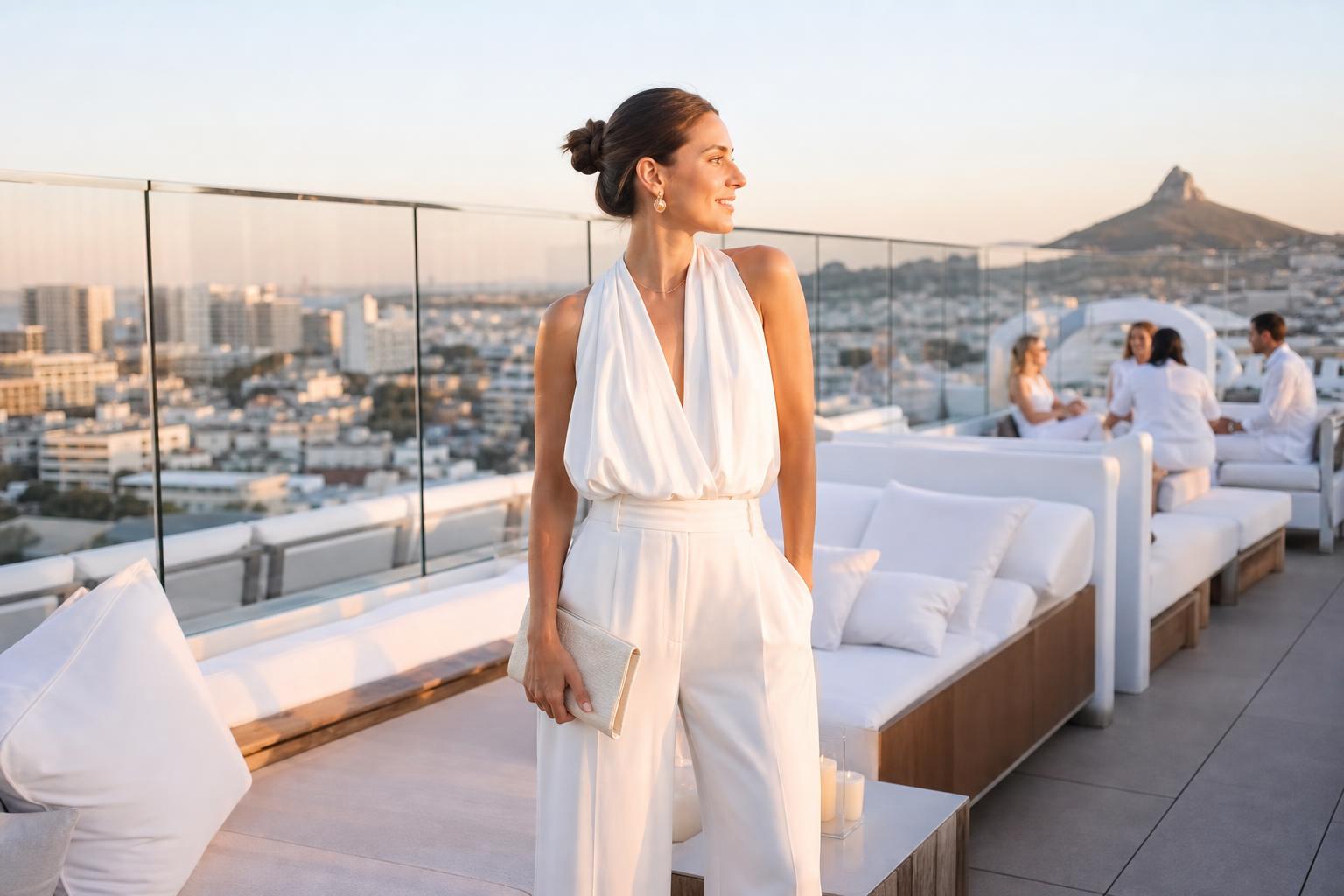 Elegant all white party outfits styled with a white satin dress, tailored blazer, and minimalist accessories for a rooftop event