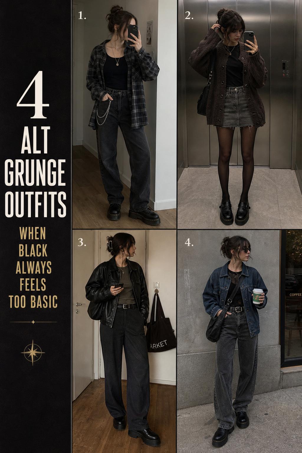 Alt grunge outfits collage with 4 wearable dark layered looks, chunky boots, flannel, leather jacket, and muted grays