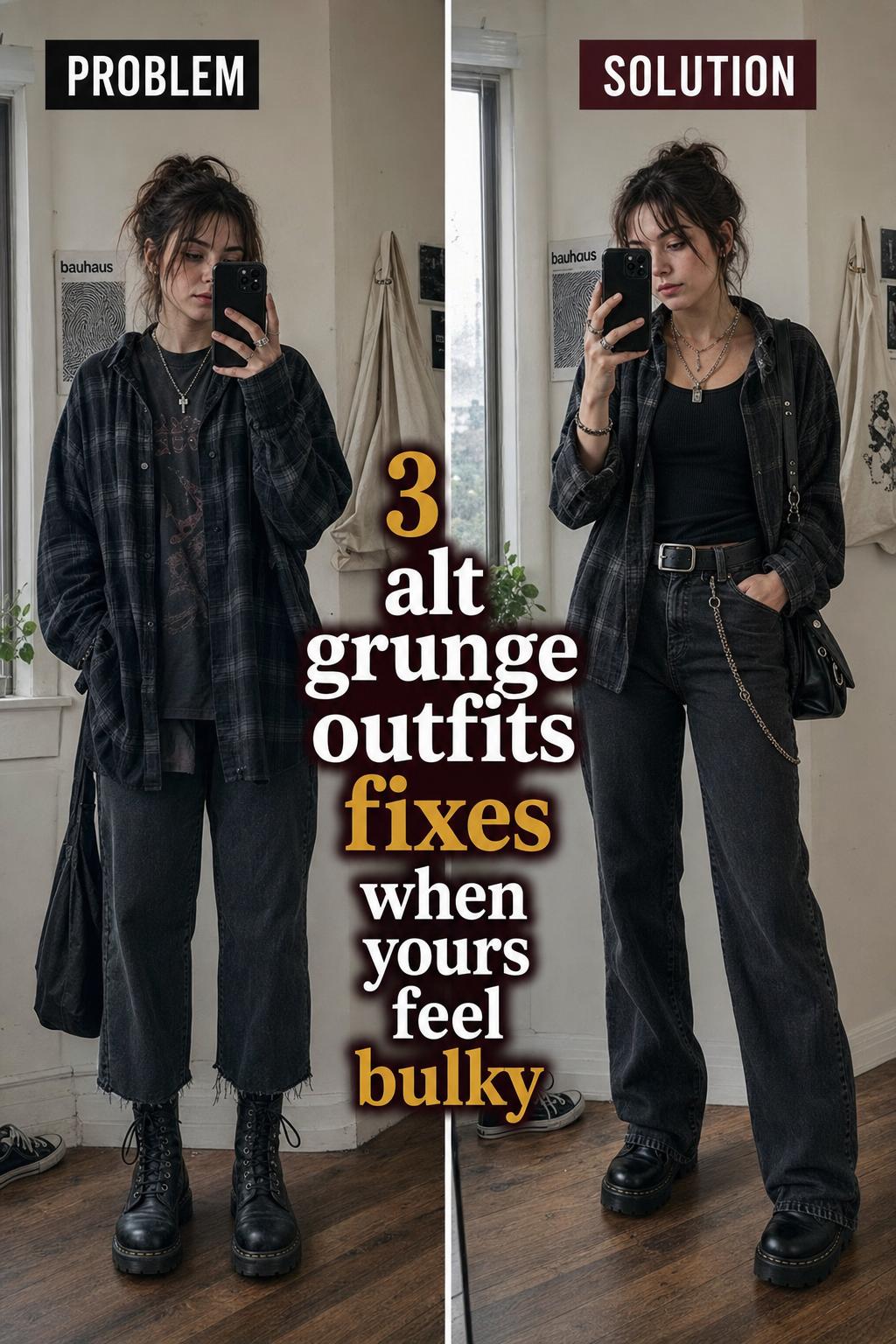 Alt grunge outfits with layered plaid shirt, black ripped jeans, and combat boots in an urban street setting