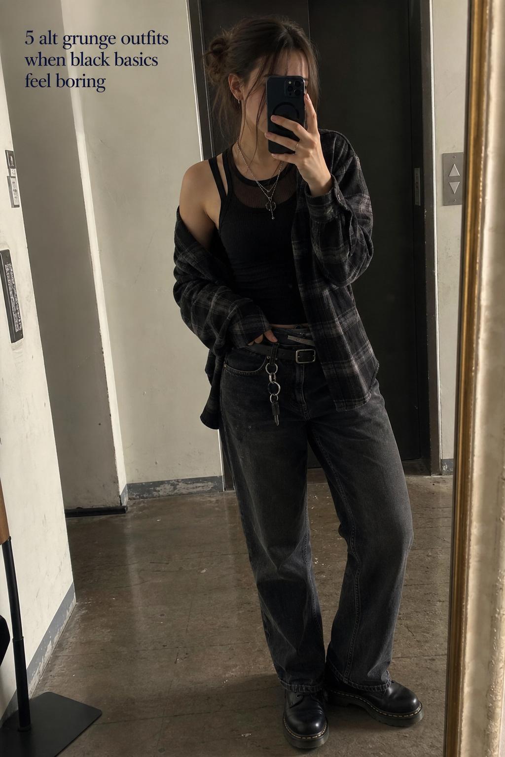 Alt grunge outfits mirror selfie in a dim apartment hallway with layered black tank, flannel, worn denim, and chunky boots