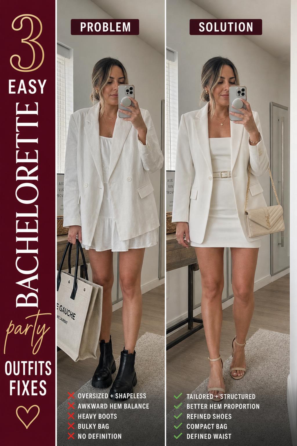 Bachelorette party outfits laid out on a bed with matching dresses, sashes, and bridal accessories.