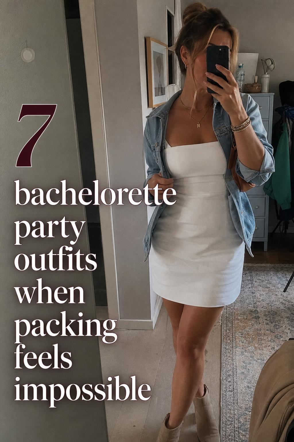 Bachelorette party outfits mirror selfie in a lived-in apartment, woman in white mini dress with blazer and small bag
